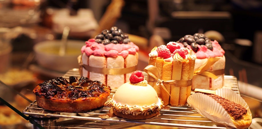 Beautiful display of cakes in a patisserie shop